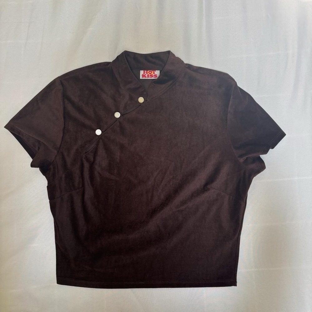 Brown Velvet Mandarian Collar Crop Top Vintage 90s/Y2K Small Hot Kiss Grunge Alt - Picture 7 of 8